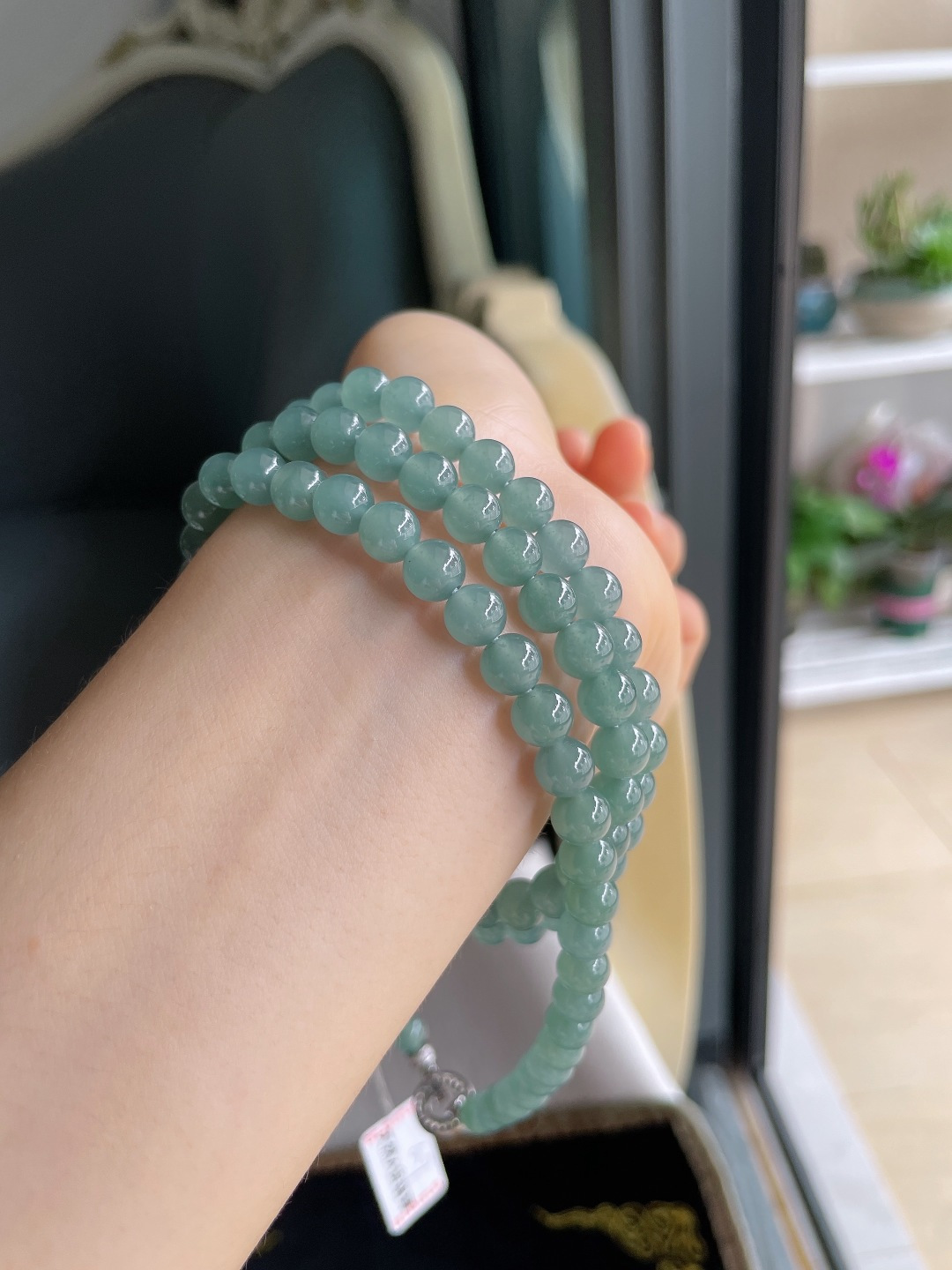 天然翡翠A货，冰蓝水珠链，尺寸：6.7mm108颗。【编785】