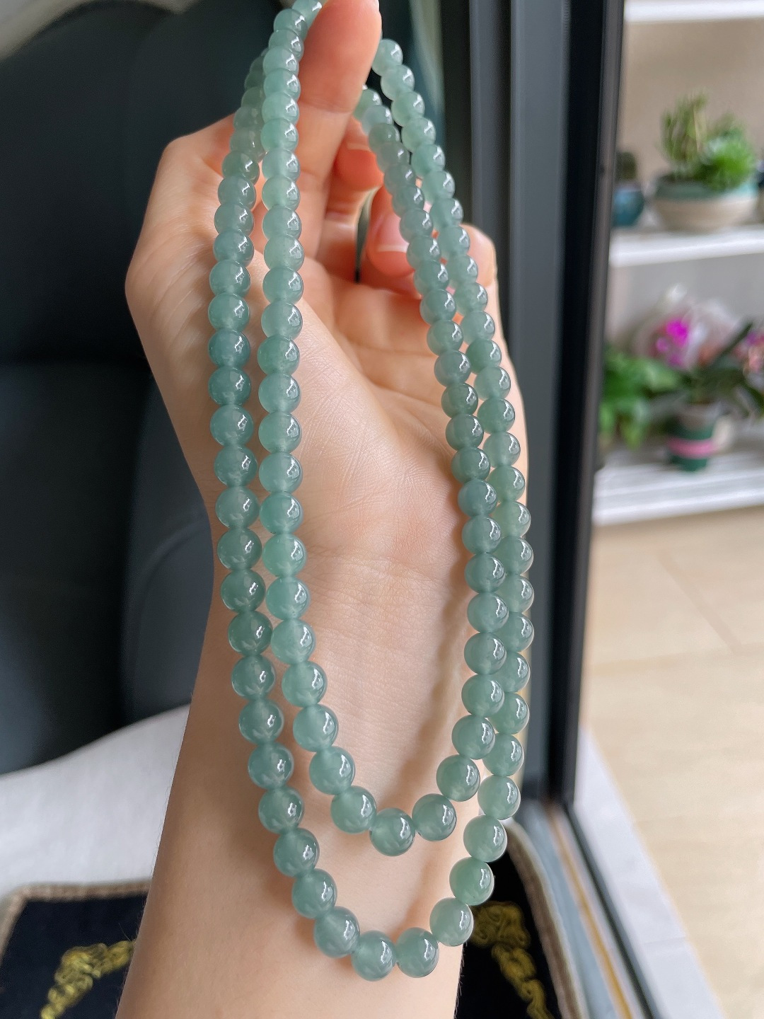 天然翡翠A货，冰蓝水珠链，尺寸：6.7mm108颗。【编785】