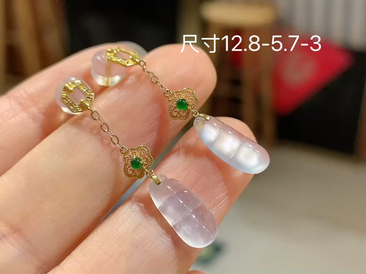 ️ 18K 冰种福豆耳坠 无裂, 尺寸，12.8-5.7-3