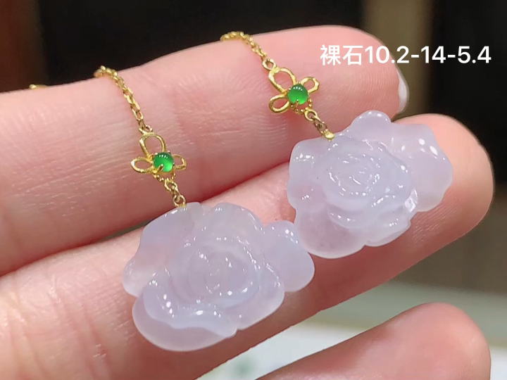 ️ 18K 冰种莲花耳坠 无裂, 尺寸，10.2-14-5.4