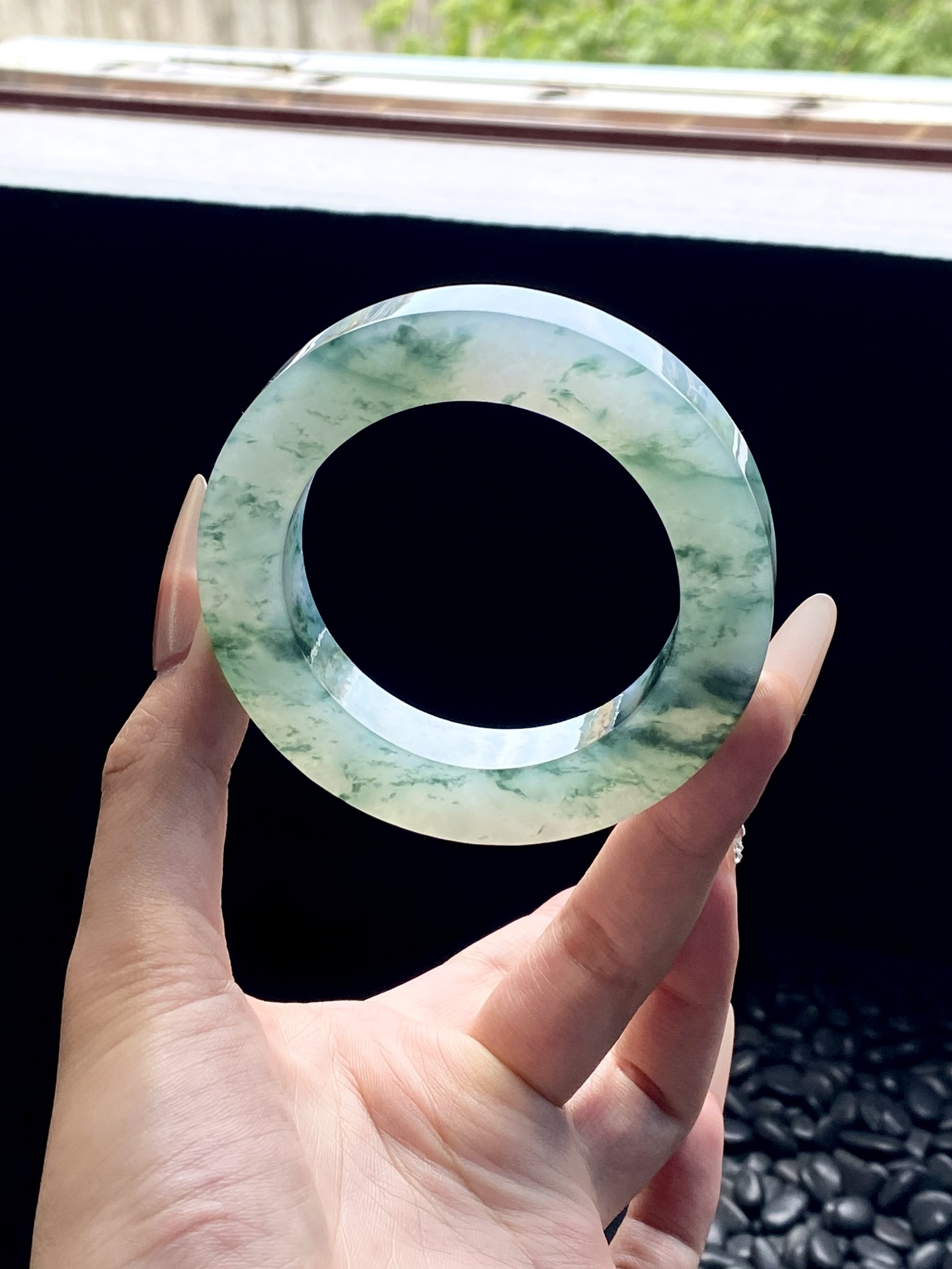 大圈口冰绿飘花圆条镯胚 M63-58 ⭕️79.8-55-12.8-12.5 可做55～63正圈/55～58圆条