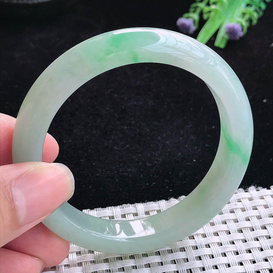 实拍A货翡翠55.8/11.7/8.6平安镯老坑冰晴满绿手镯玉手镯