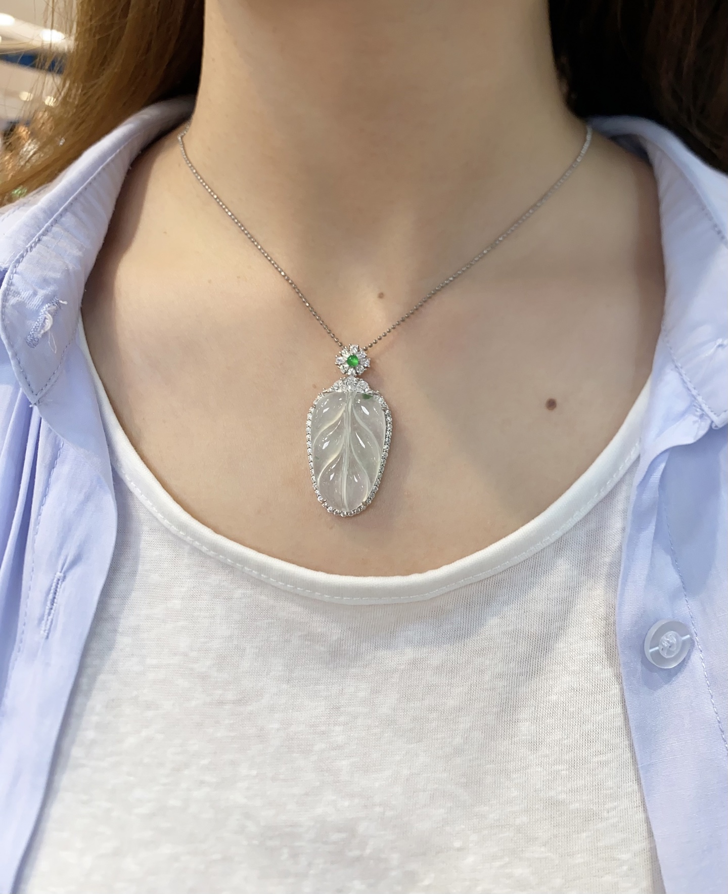 高冰飘绿花叶子吊坠·银 整·45.6-22.9-8.9mm 裸·31.1-19.5-4.3mm