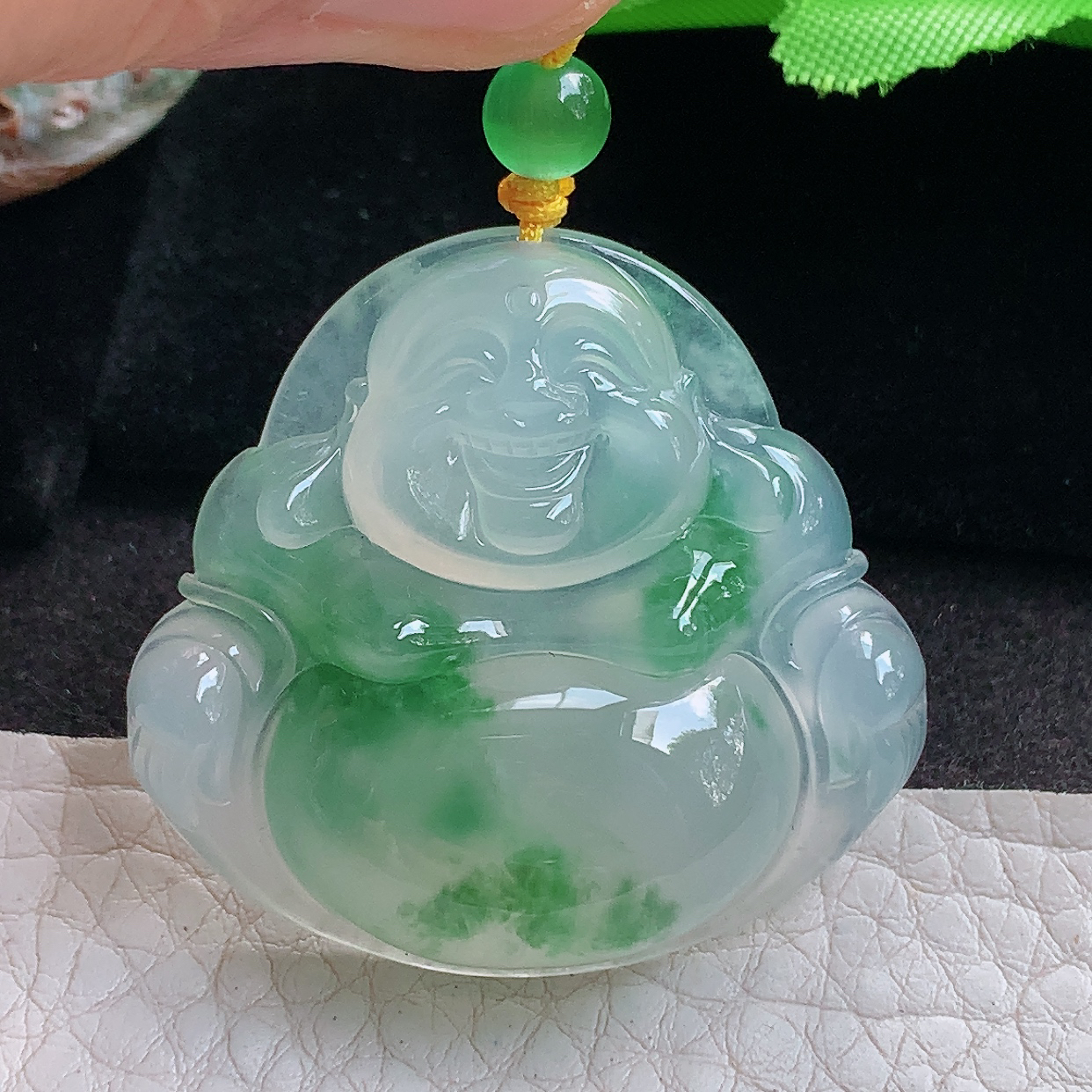 gp收藏款35.6*38*8.8天然缅甸翡翠冰飘绿饱满佛公 开心佛玉吊坠 玉挂件