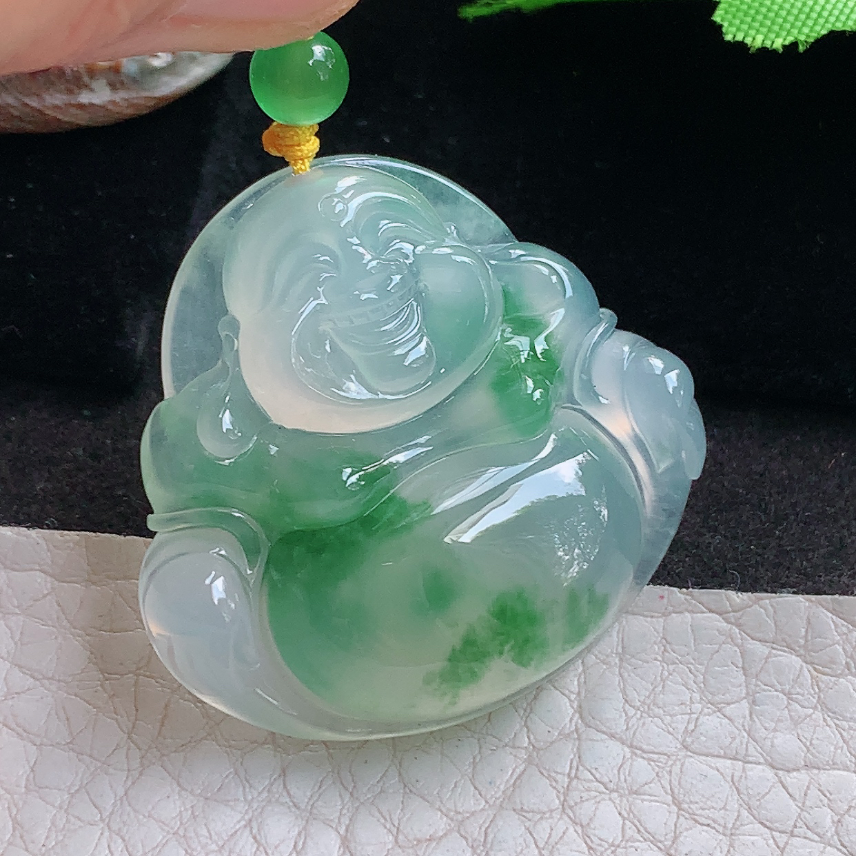 gp收藏款35.6*38*8.8天然缅甸翡翠冰飘绿饱满佛公 开心佛玉吊坠 玉挂件