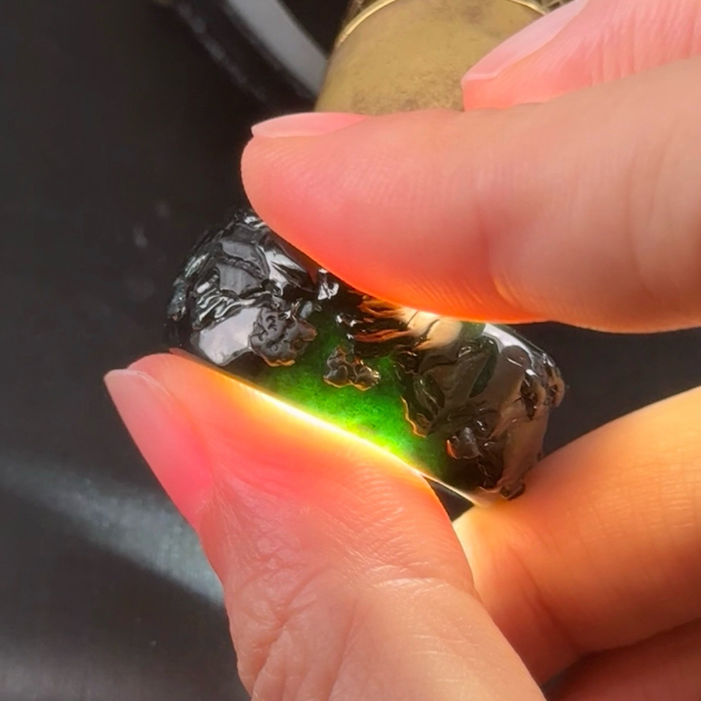 精品墨翠指环 种好色正 黑度好 尺寸11.8