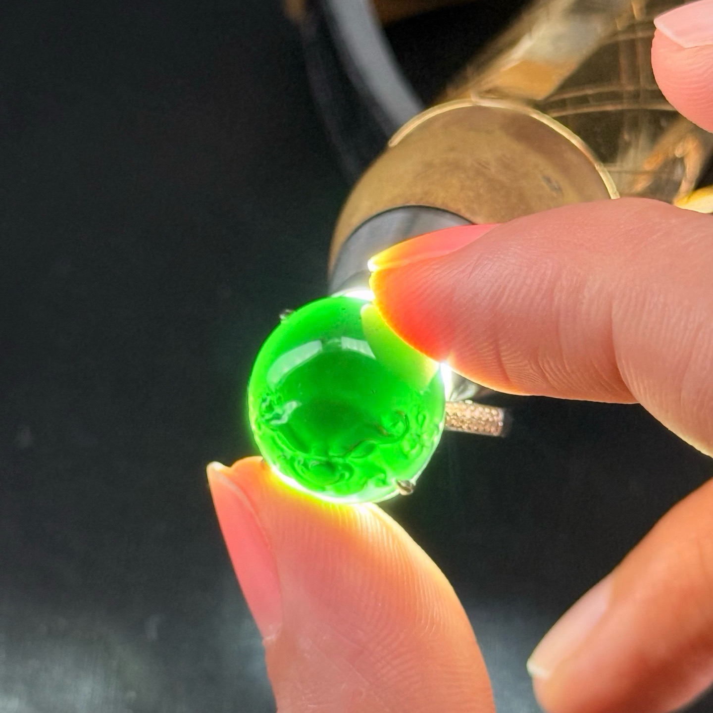 精品18k墨翠貔貅女戒 种好色正 黑度极好 打灯通透 油性十足 尺寸15.1