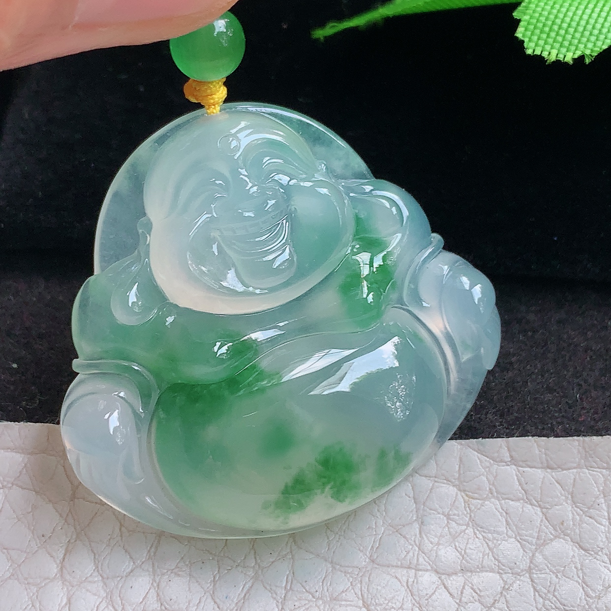 gp收藏款35.6*38*8.8天然缅甸翡翠冰飘绿饱满佛公 开心佛玉吊坠 玉挂件