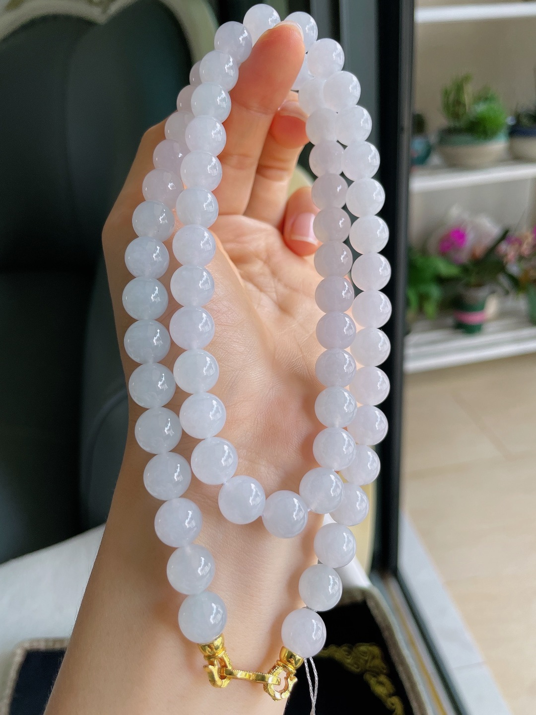 缅甸天然翡翠A货，冰润白冰珠链，尺寸：10mm62颗。【编4112】