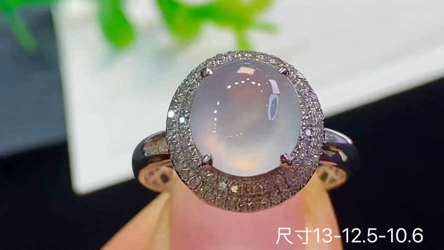 18k金+钻玻璃种蛋面戒指，无暇，13-12.5-10.6