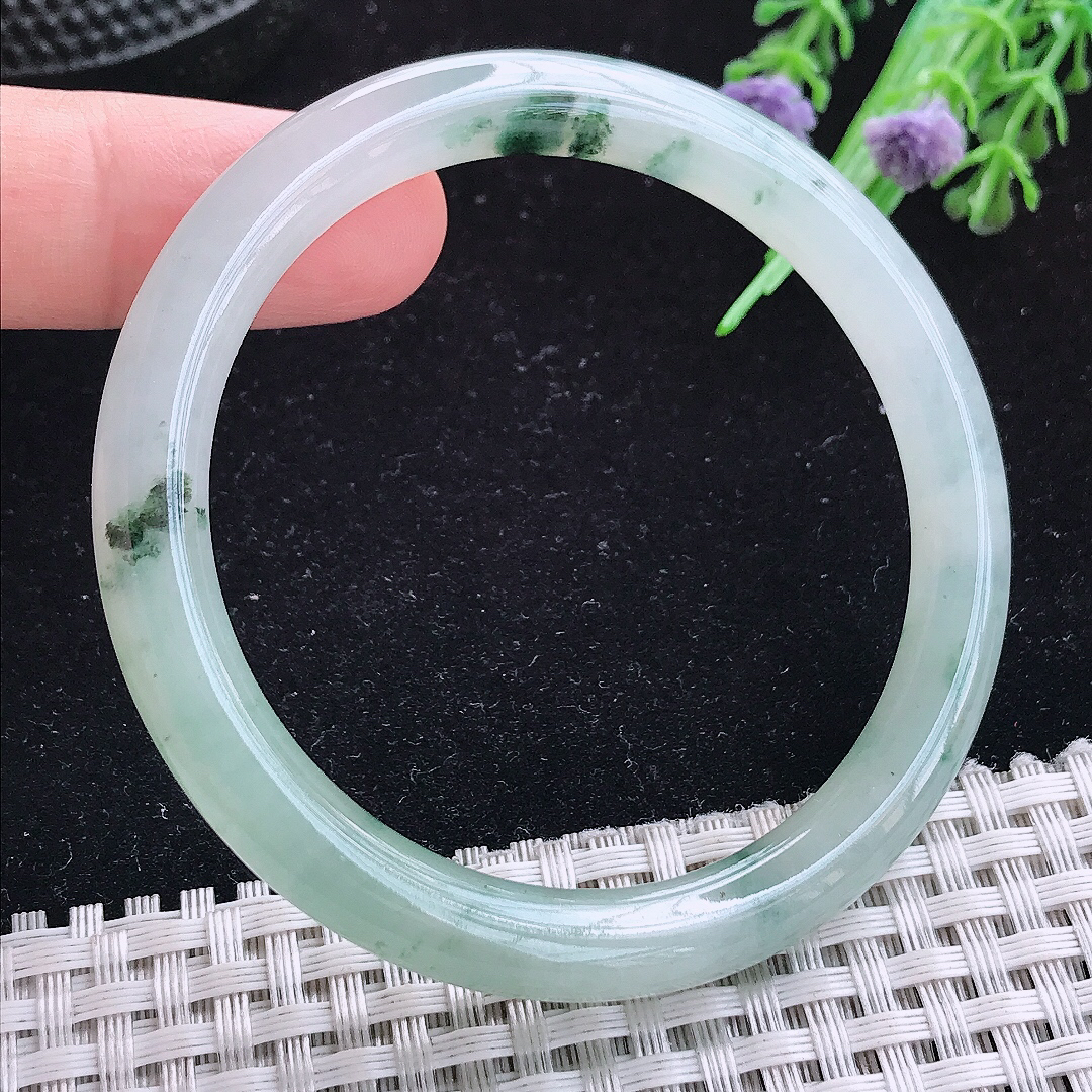实拍A货翡翠54/7.8老坑冰飘花圆条手镯玉手镯女款平安镯