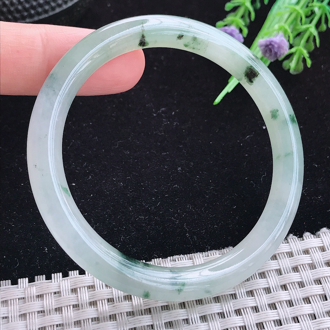 实拍A货翡翠54/7.8老坑冰飘花圆条手镯玉手镯女款平安镯