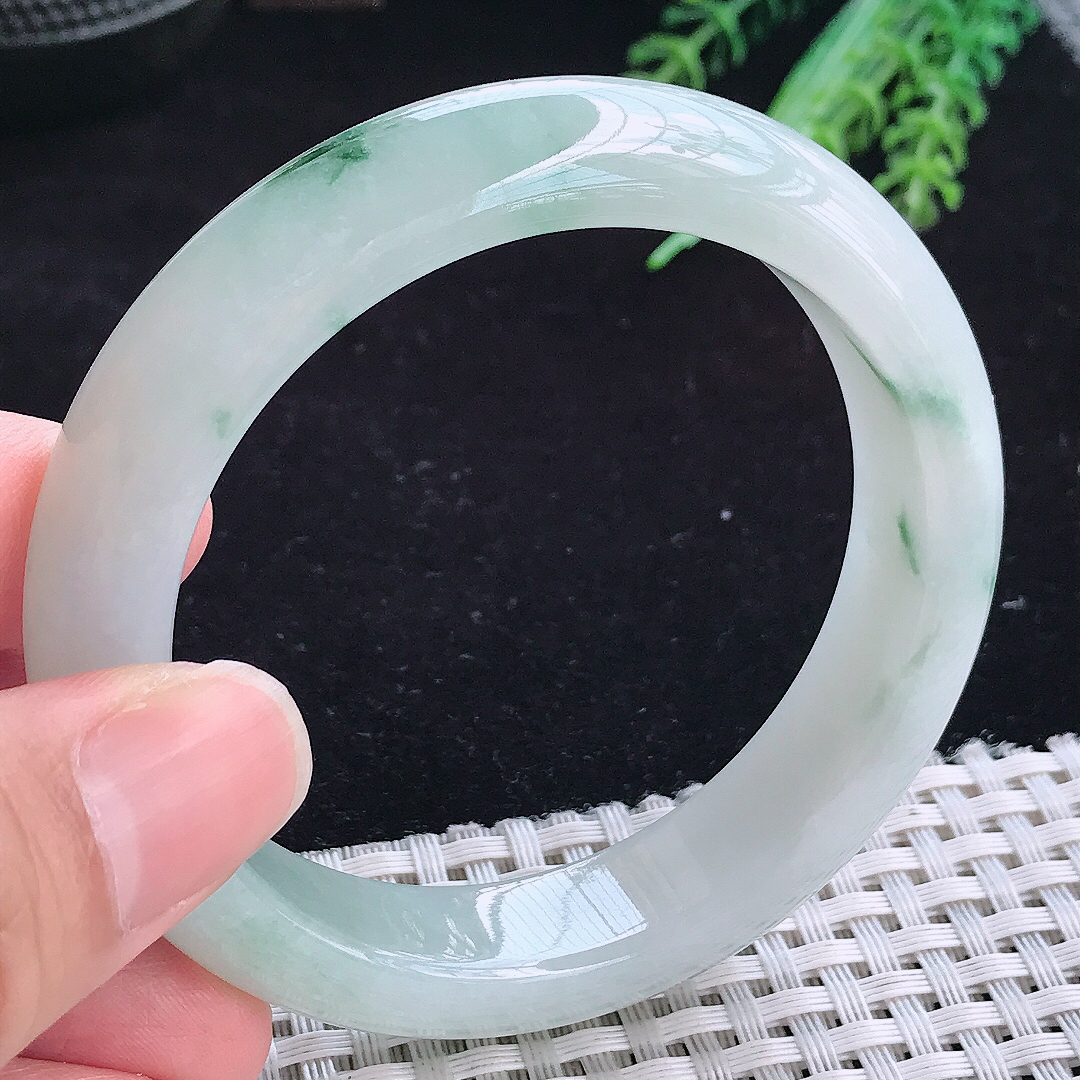 实拍A货翡翠55.8/13.3/8.8老坑冰胶飘花手镯玉手镯女款平安镯