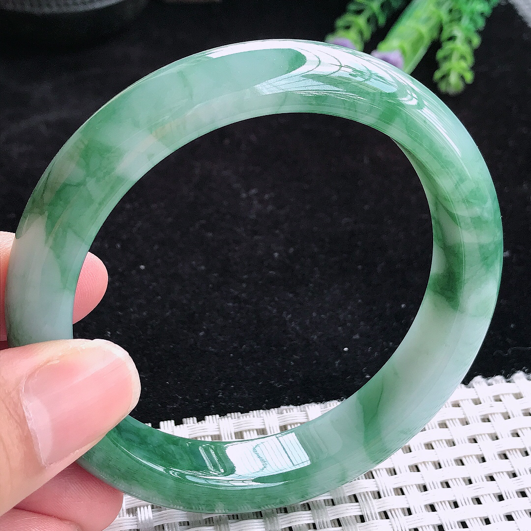 实拍A货翡翠60.5/12.8/9大圈口老坑冰润飘花手镯玉手镯女款平安镯