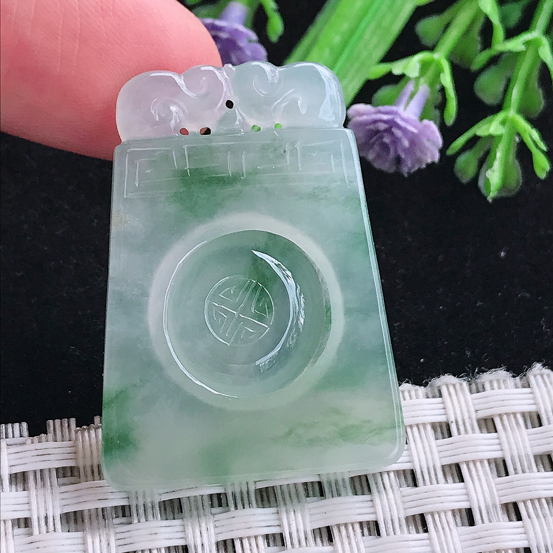 实拍A货翡翠35.3/26/3.9老坑冰胶飘花仿古无事牌吊坠翡翠福牌挂件