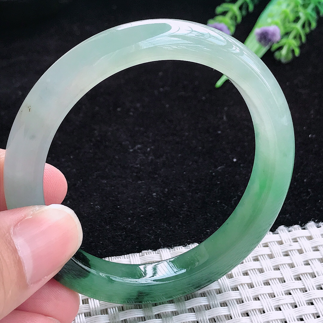 实拍A货翡翠53.5/9.7/8老坑冰胶冰飘花手镯玉手镯女款平安镯