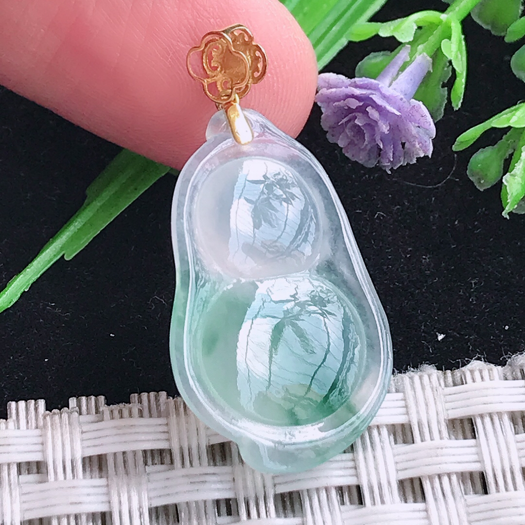 实拍A货翡翠24.3/15.6/5老坑18k金镶嵌冰种飘花葫芦吊坠翡翠玉挂件