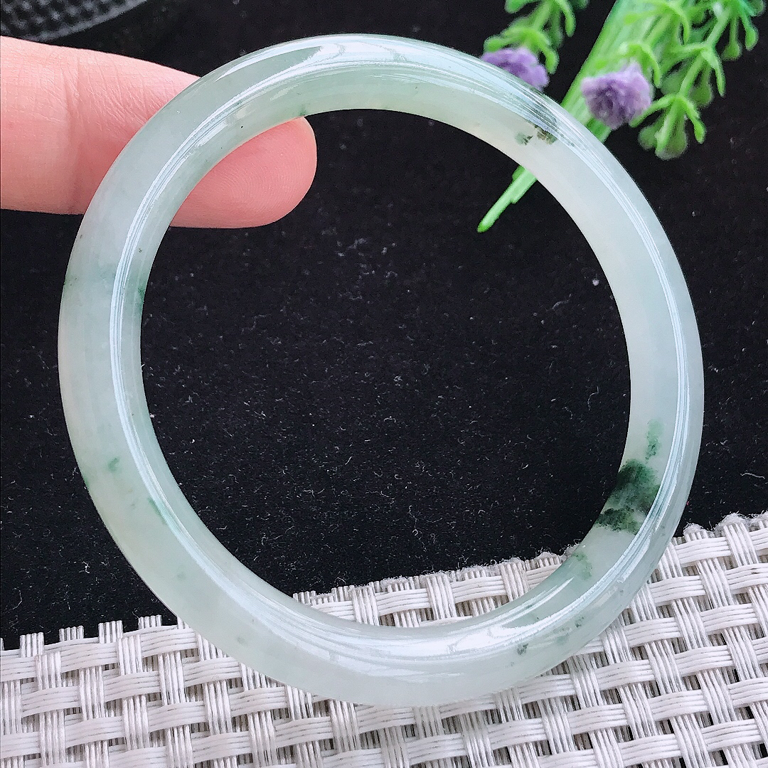 实拍A货翡翠54/7.8老坑冰飘花圆条手镯玉手镯女款平安镯