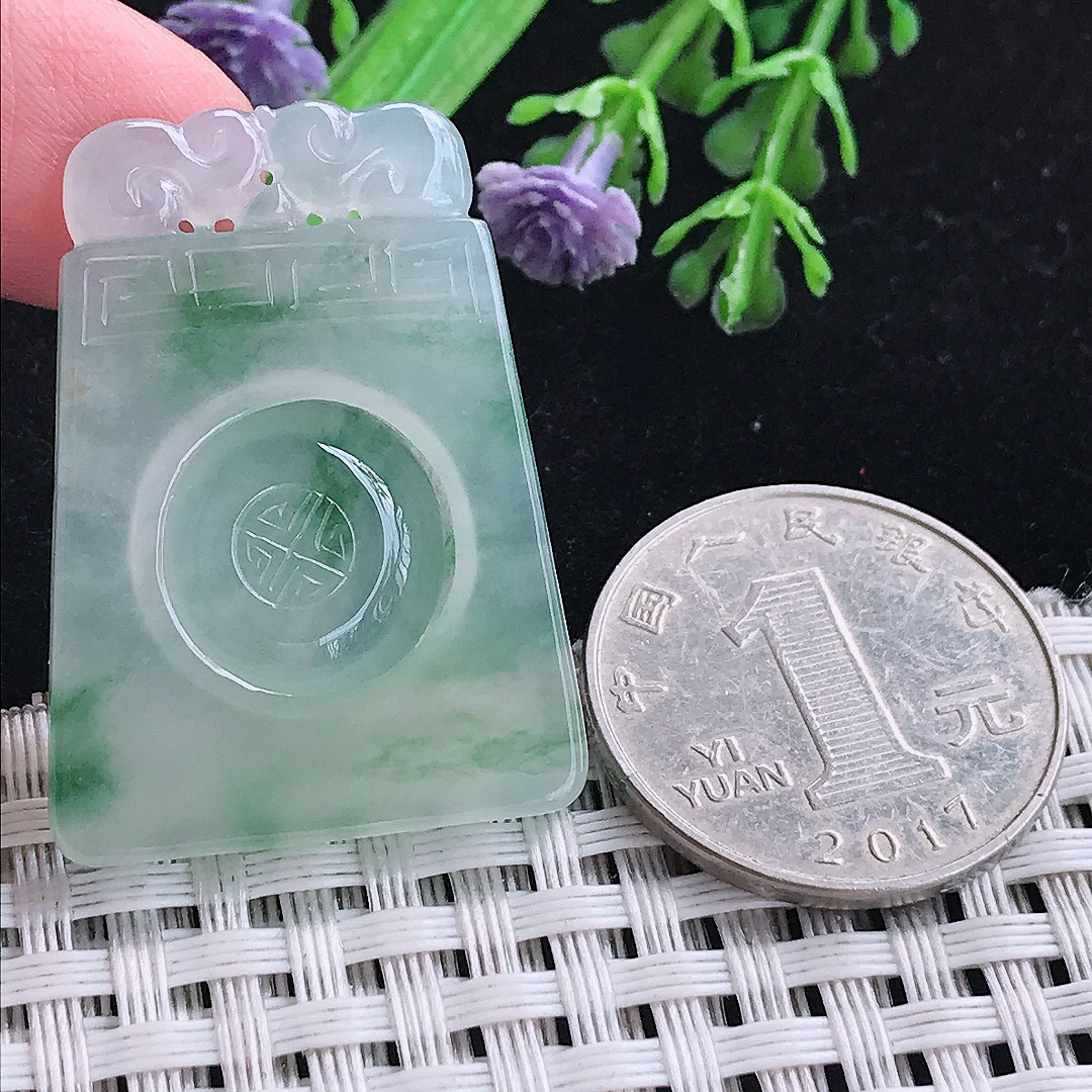 实拍A货翡翠35.3/26/3.9老坑冰胶飘花仿古无事牌吊坠翡翠福牌挂件
