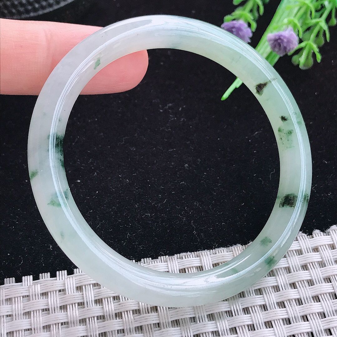 实拍A货翡翠54/7.8老坑冰飘花圆条手镯玉手镯女款平安镯