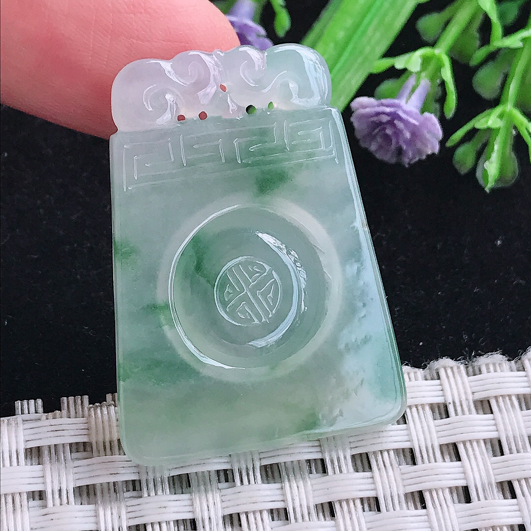 实拍A货翡翠35.3/26/3.9老坑冰胶飘花仿古无事牌吊坠翡翠福牌挂件