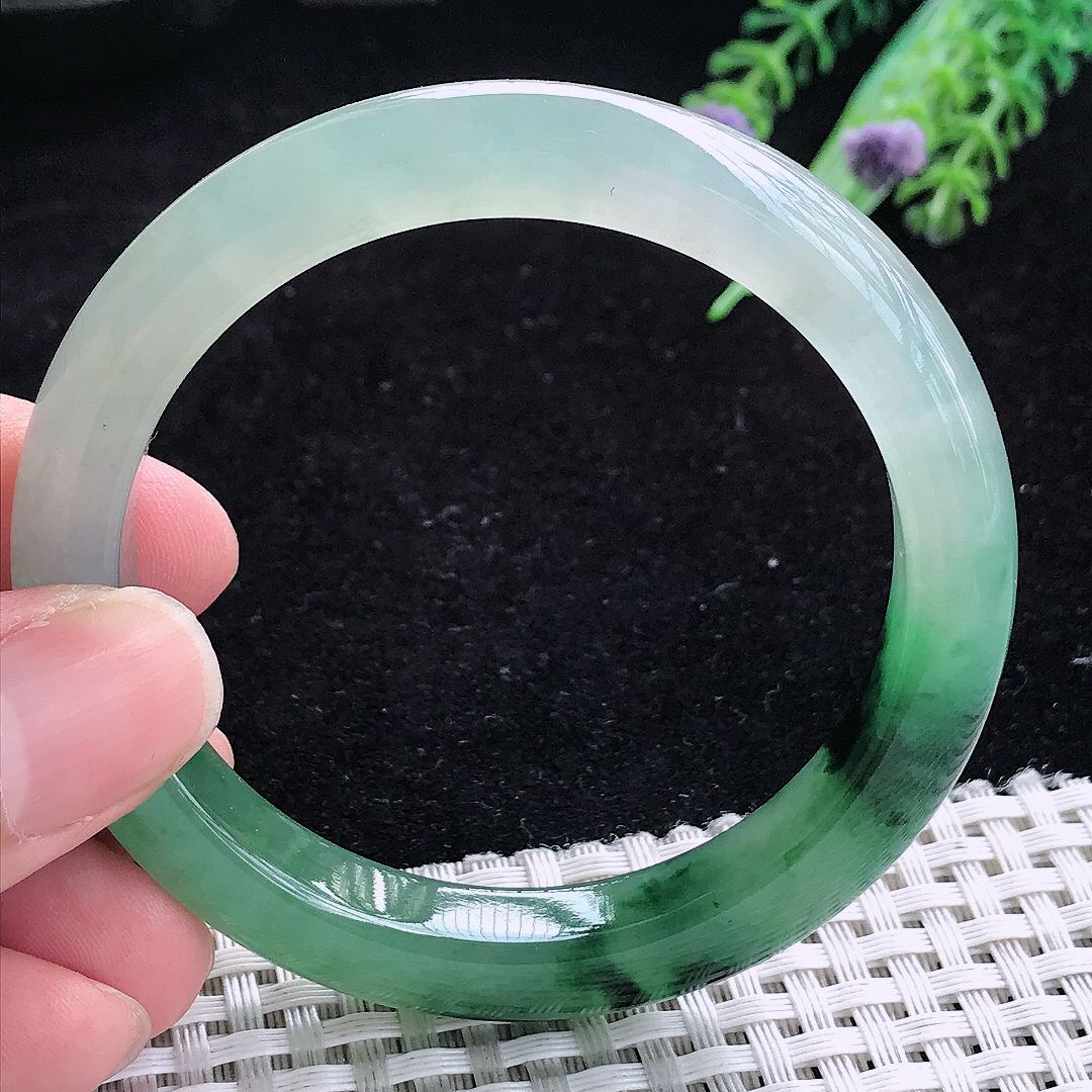 实拍A货翡翠53.5/9.7/8老坑冰胶冰飘花手镯玉手镯女款平安镯