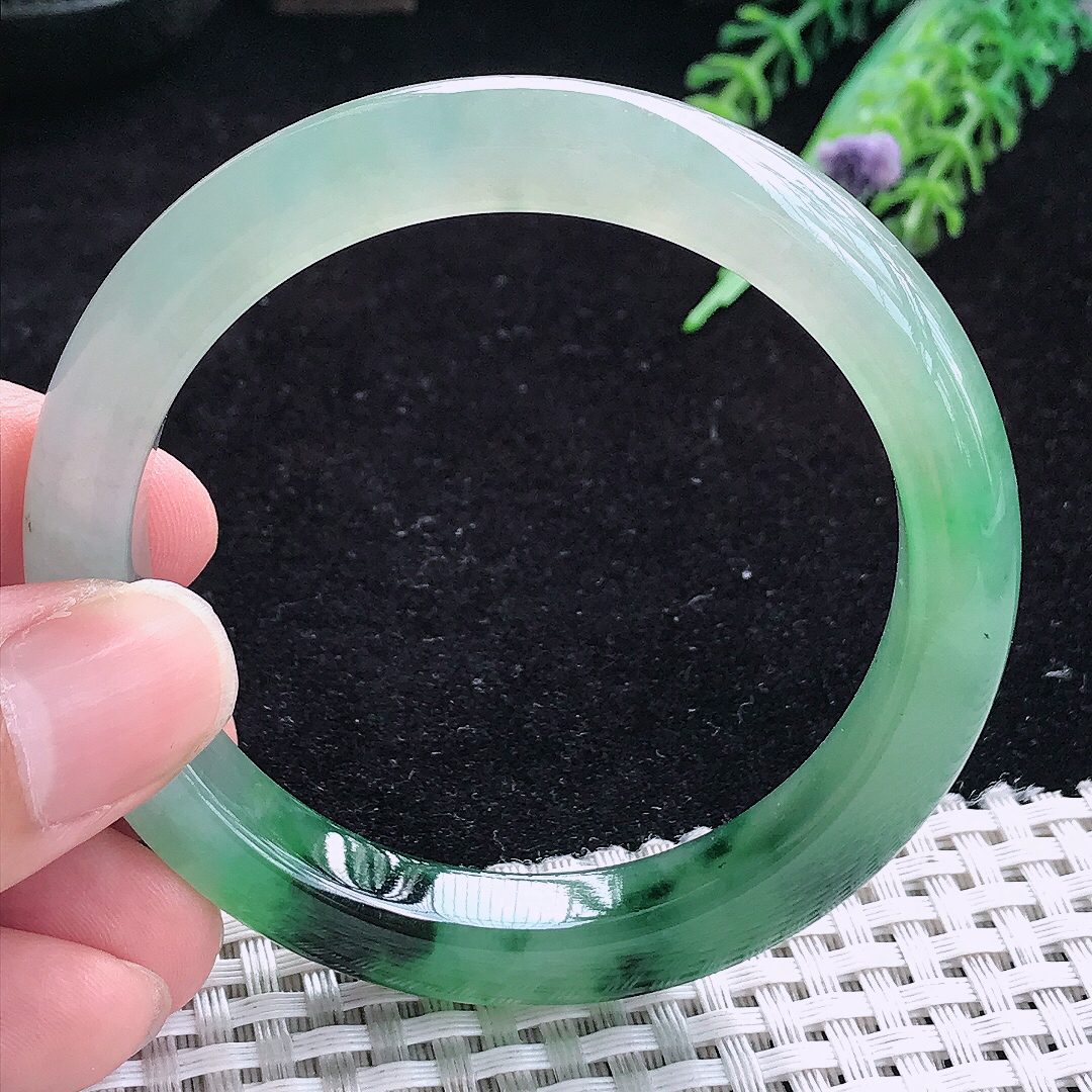 实拍A货翡翠53.5/9.7/8老坑冰胶冰飘花手镯玉手镯女款平安镯