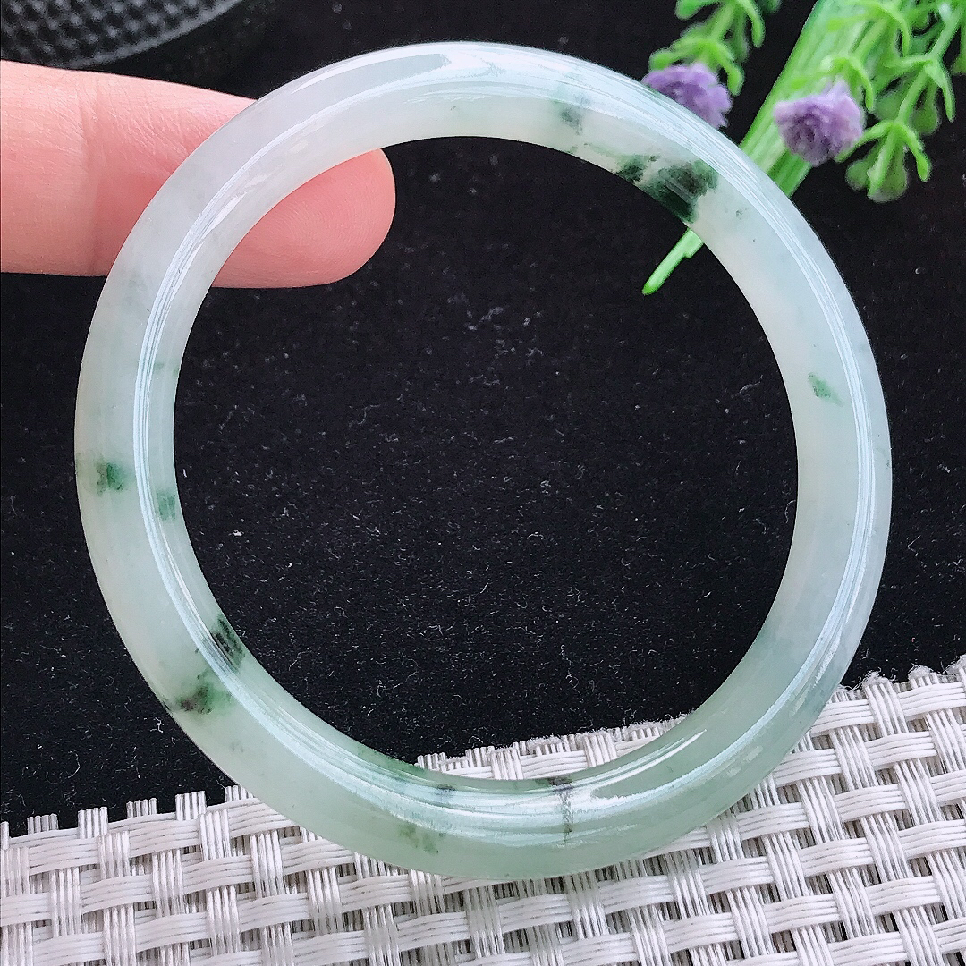 实拍A货翡翠54/7.8老坑冰飘花圆条手镯玉手镯女款平安镯