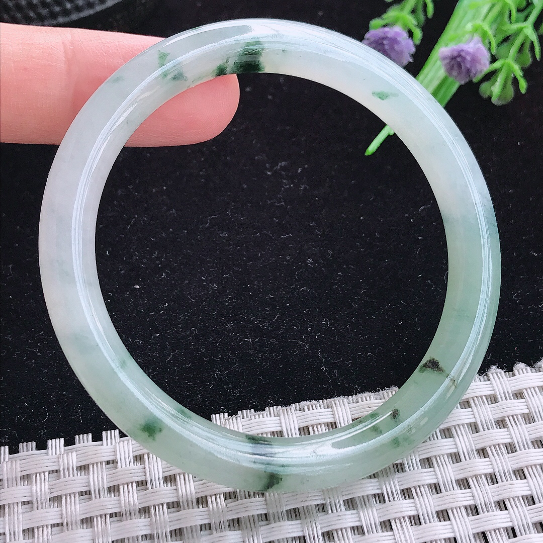 实拍A货翡翠54/7.8老坑冰飘花圆条手镯玉手镯女款平安镯