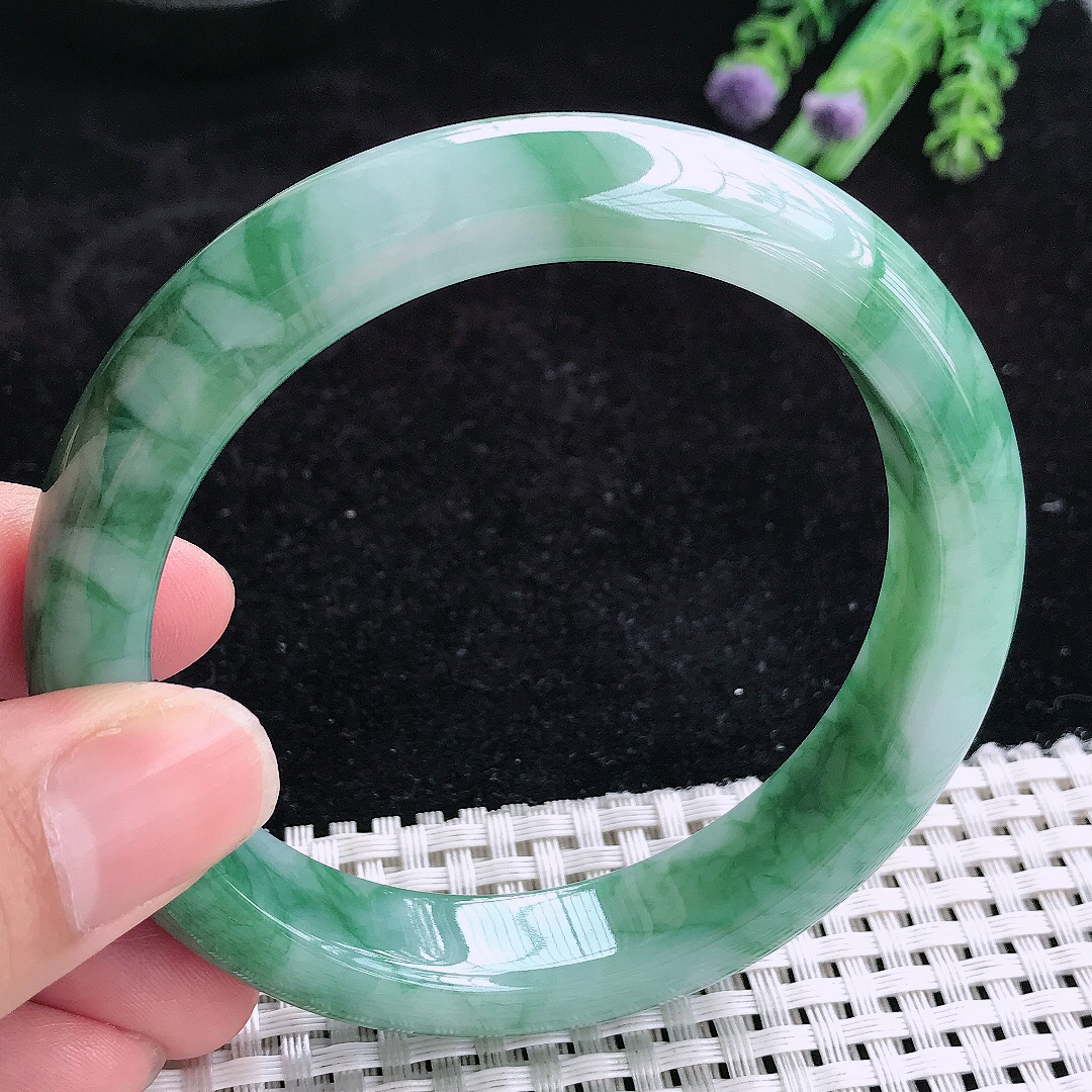 实拍A货翡翠60.5/12.8/9大圈口老坑冰润飘花手镯玉手镯女款平安镯