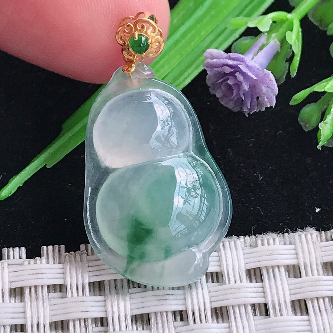 实拍A货翡翠24.3/15.6/5老坑18k金镶嵌冰种飘花葫芦吊坠翡翠玉挂件