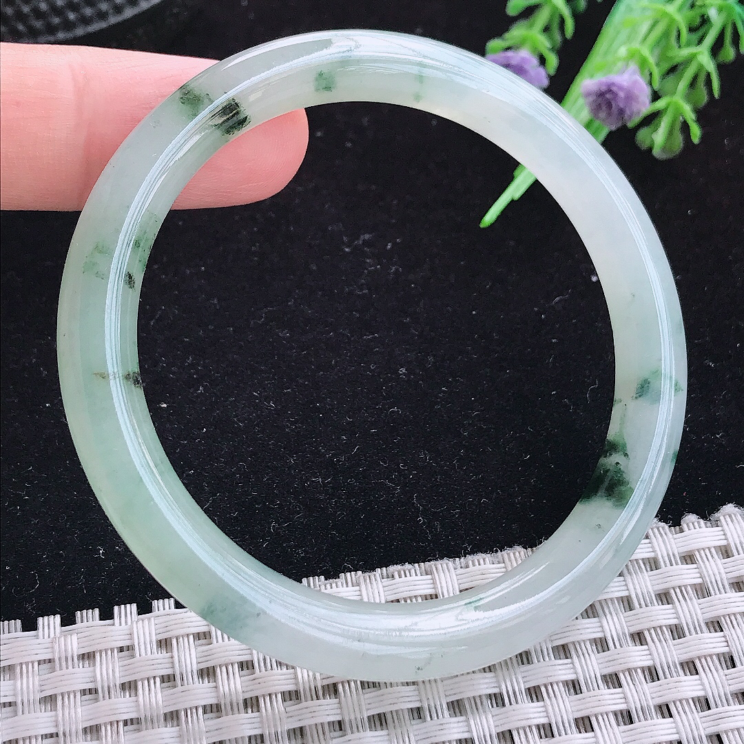 实拍A货翡翠54/7.8老坑冰飘花圆条手镯玉手镯女款平安镯