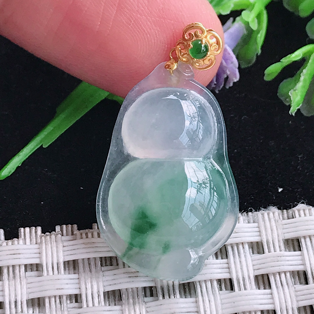 实拍A货翡翠24.3/15.6/5老坑18k金镶嵌冰种飘花葫芦吊坠翡翠玉挂件
