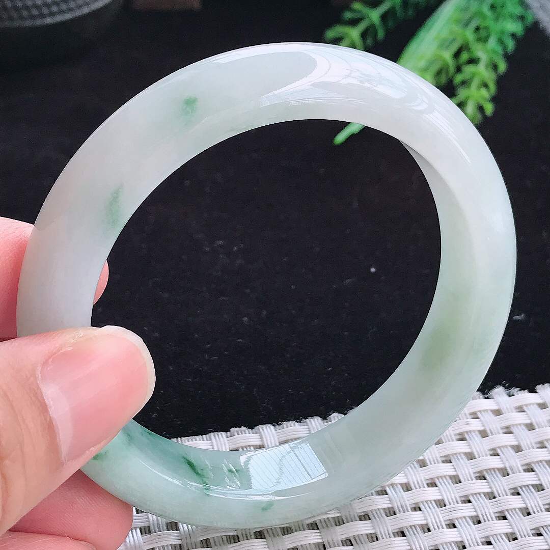 实拍A货翡翠55.8/13.3/8.8老坑冰胶飘花手镯玉手镯女款平安镯