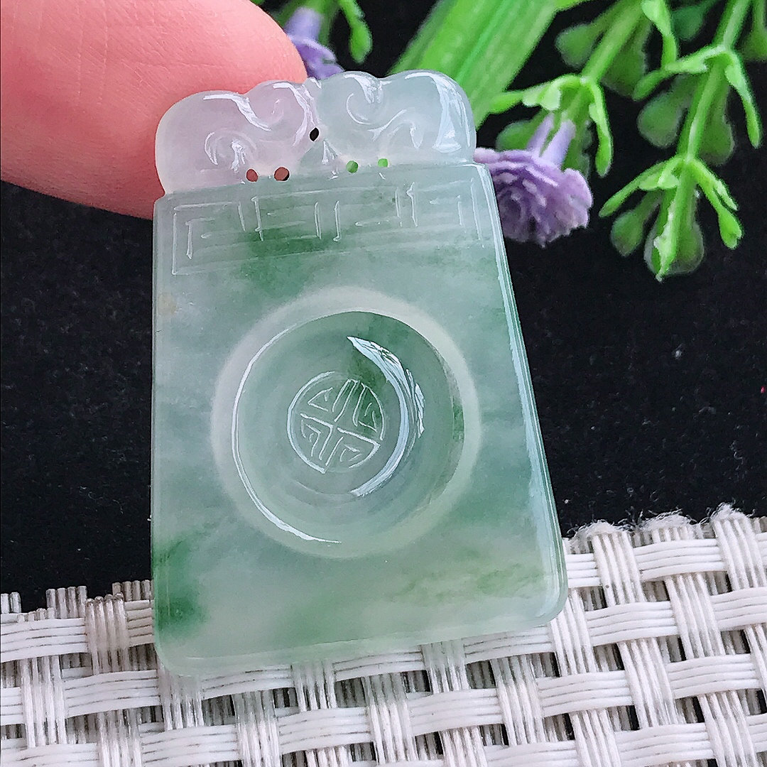 实拍A货翡翠35.3/26/3.9老坑冰胶飘花仿古无事牌吊坠翡翠福牌挂件