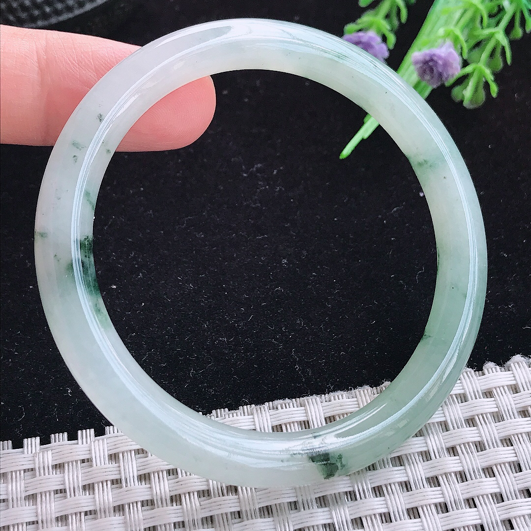 实拍A货翡翠54/7.8老坑冰飘花圆条手镯玉手镯女款平安镯