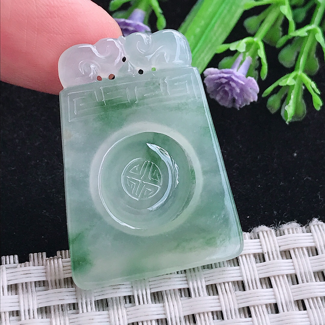 实拍A货翡翠35.3/26/3.9老坑冰胶飘花仿古无事牌吊坠翡翠福牌挂件