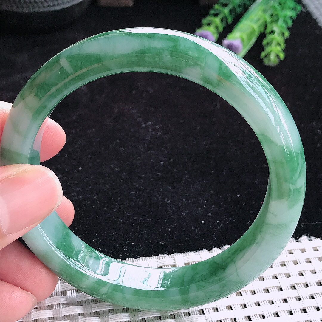 实拍A货翡翠60.5/12.8/9大圈口老坑冰润飘花手镯玉手镯女款平安镯