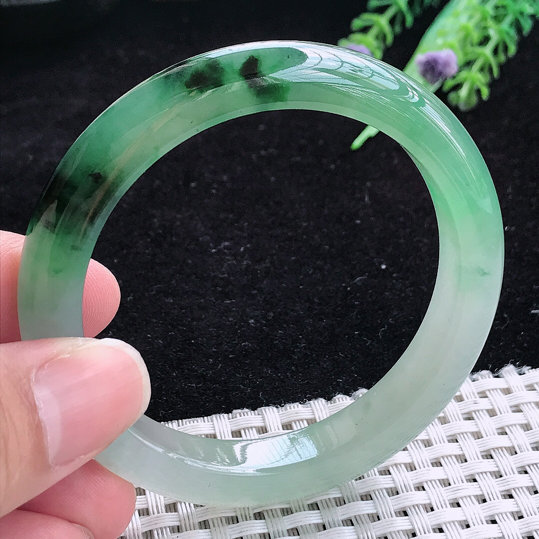 实拍A货翡翠53.5/9.7/8老坑冰胶冰飘花手镯玉手镯女款平安镯