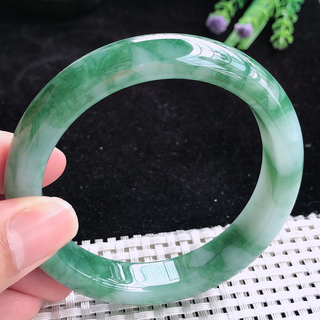 实拍A货翡翠60.5/12.8/9大圈口老坑冰润飘花手镯玉手镯女款平安镯