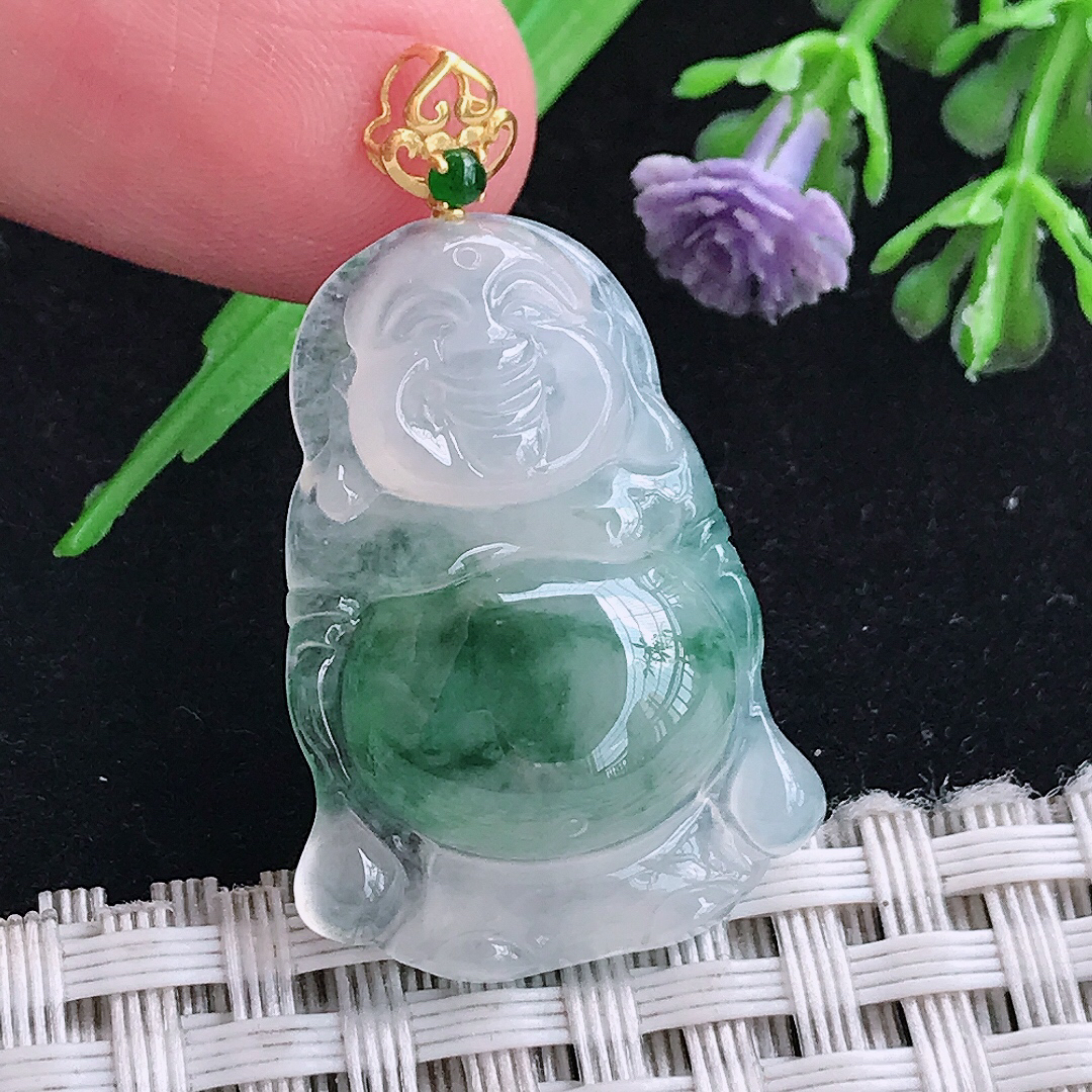 实拍A货翡翠28.6/20/6.2老坑18k金镶嵌冰飘花佛公吊坠翡翠站佛玉挂件