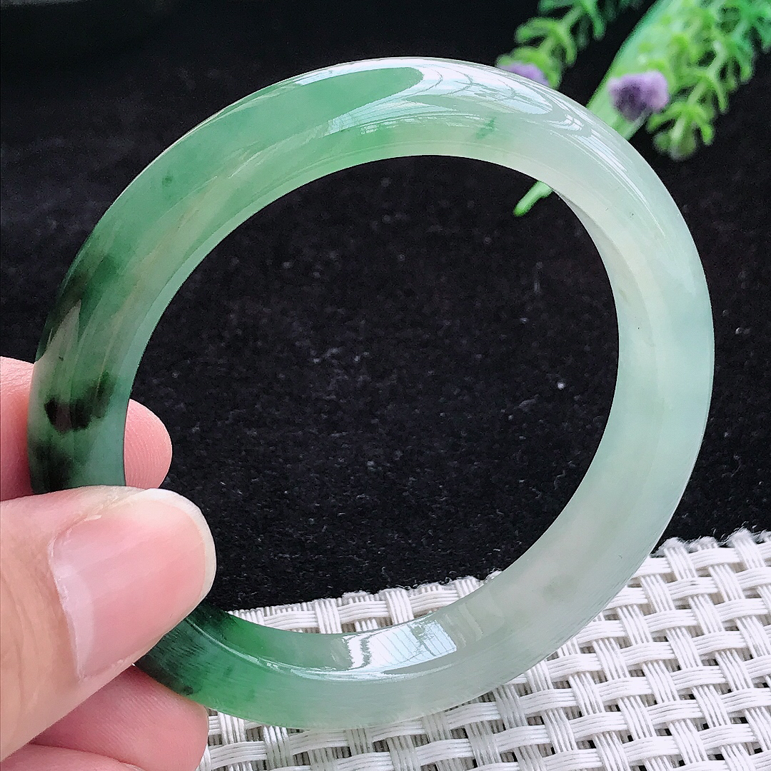 实拍A货翡翠53.5/9.7/8老坑冰胶冰飘花手镯玉手镯女款平安镯