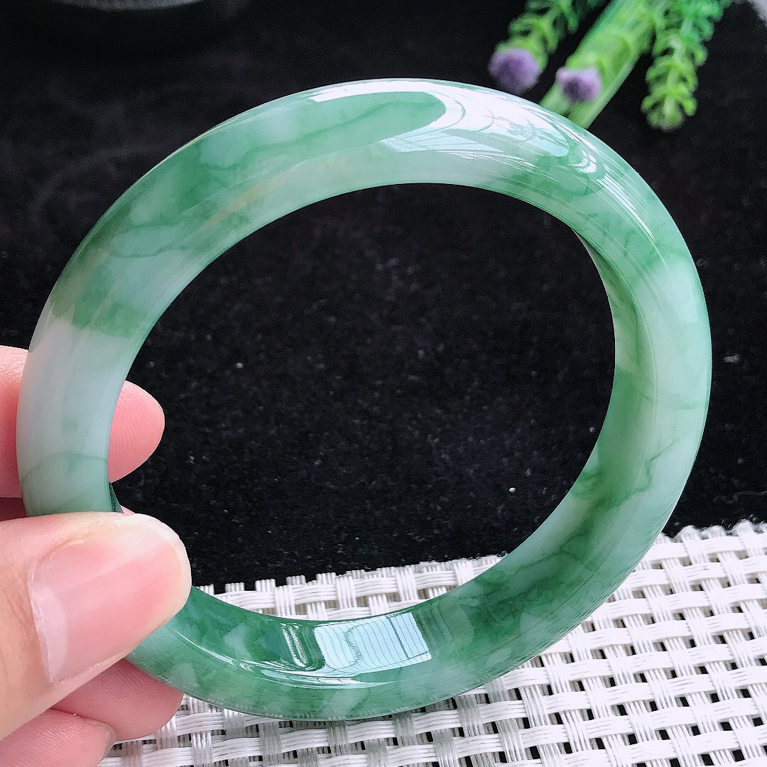 实拍A货翡翠60.5/12.8/9大圈口老坑冰润飘花手镯玉手镯女款平安镯