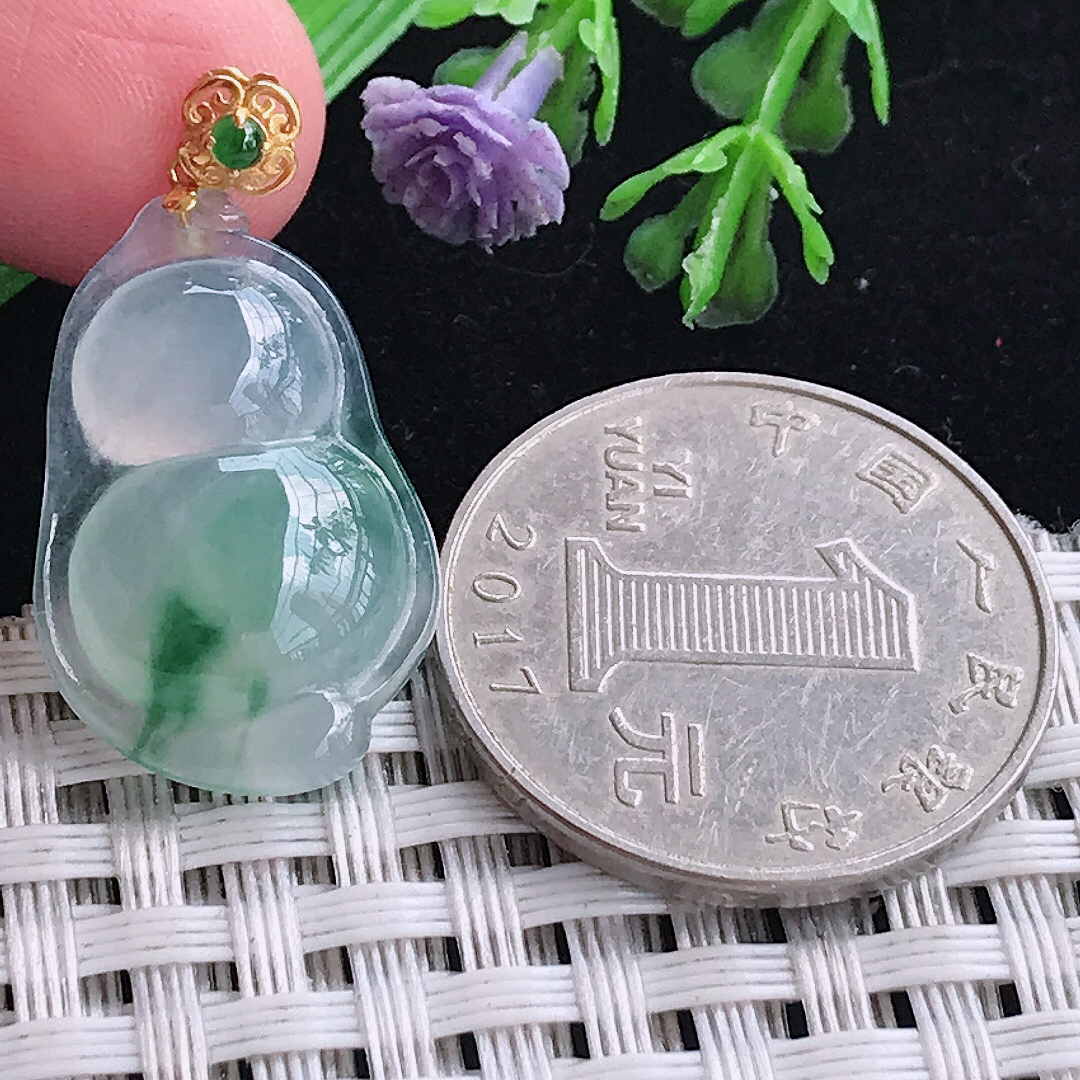 实拍A货翡翠24.3/15.6/5老坑18k金镶嵌冰种飘花葫芦吊坠翡翠玉挂件