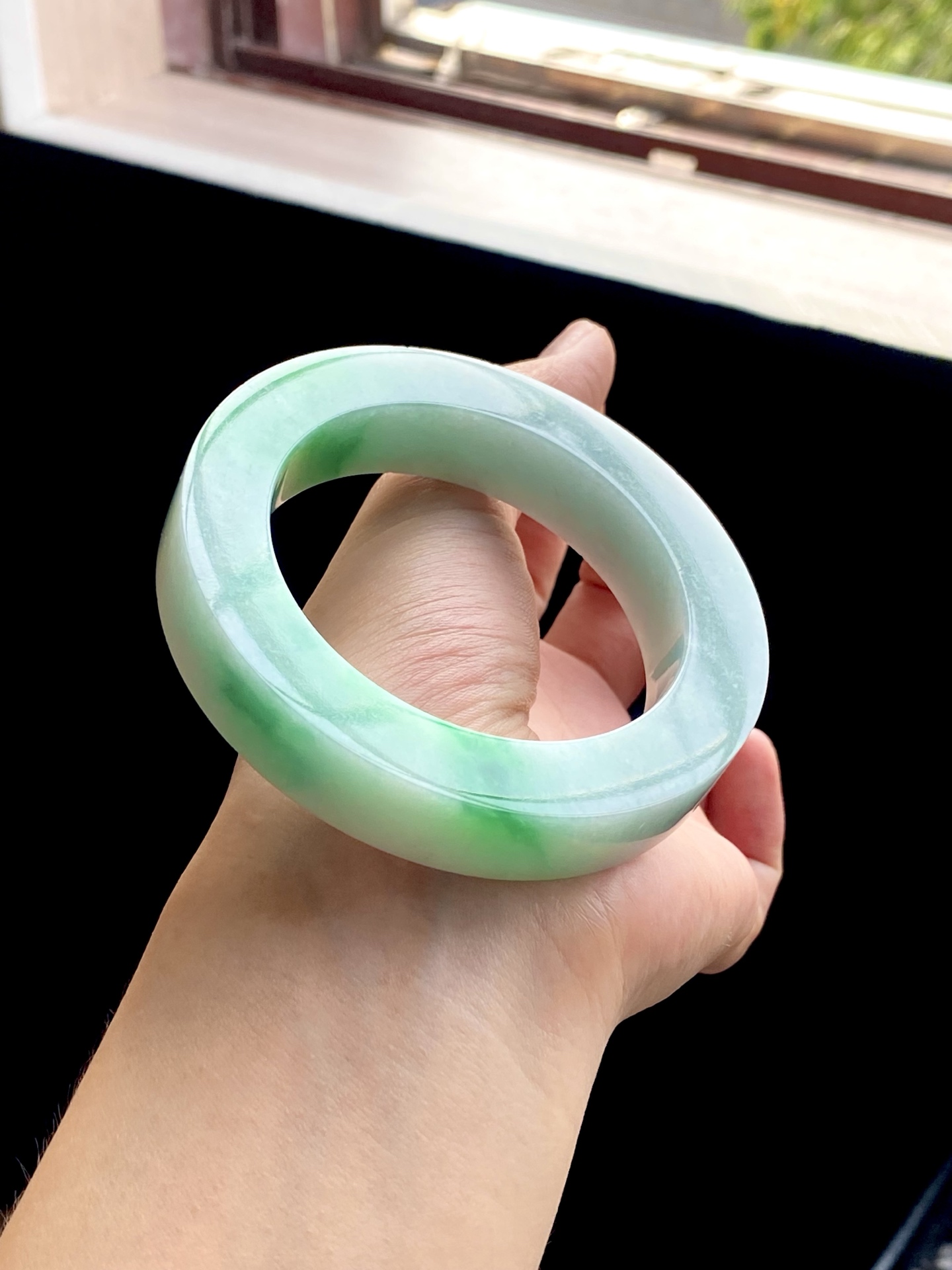 大圈口白底青果绿飘绿镯胚 F0409-2 可做56～62正圈