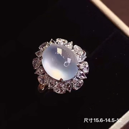 18k金满钻玻璃种蛋面戒指，无暇，15.6-14.5-1