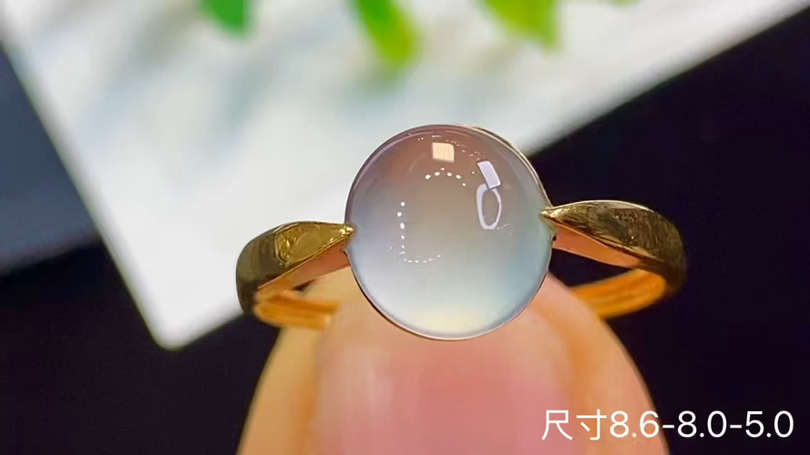 18k金+钻玻璃种蛋面戒指，无裂，8.6-8.0-5.0