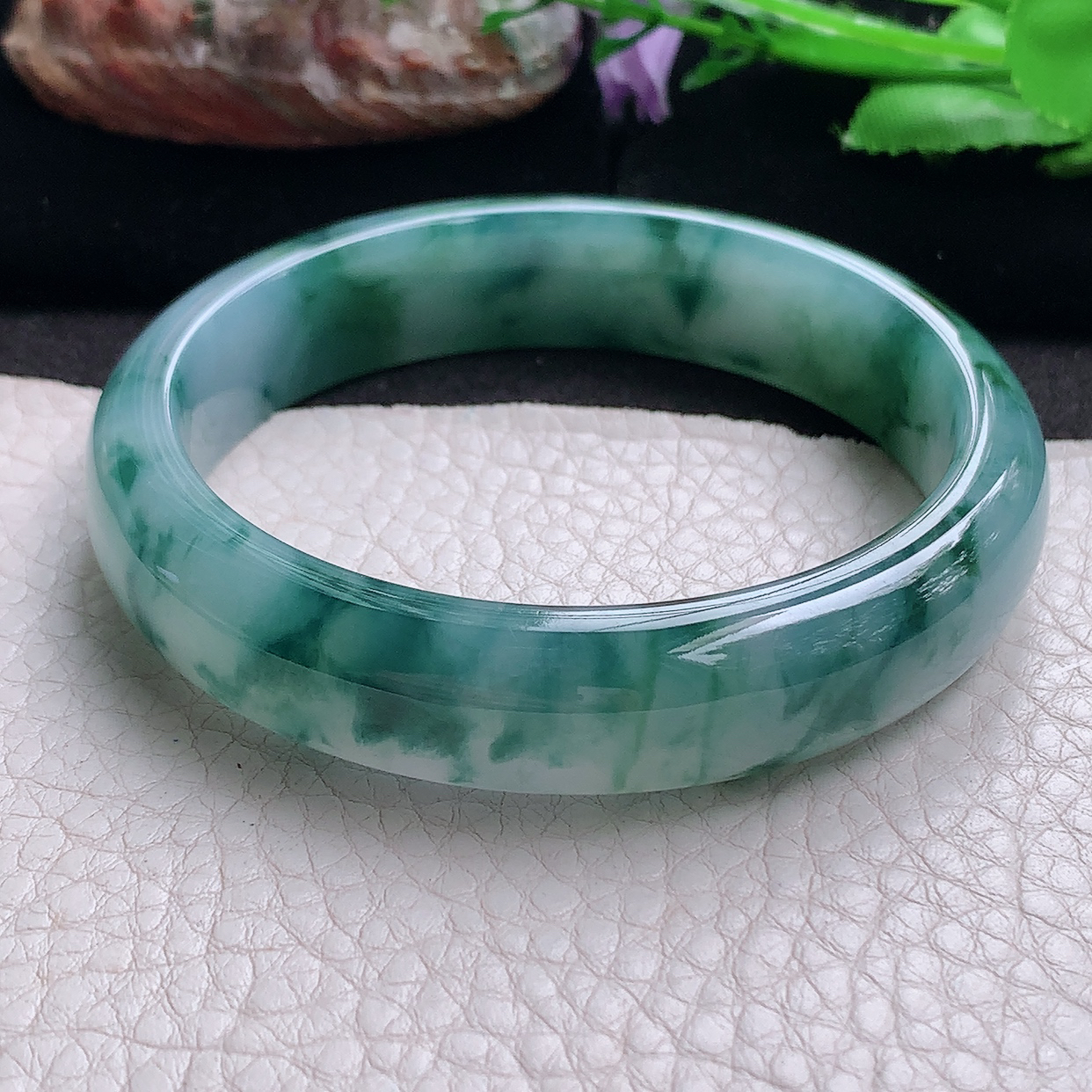 js大圈口60*14*8平安镯 缅甸翡翠a货玉手镯冰蓝飘花正圈玉手环