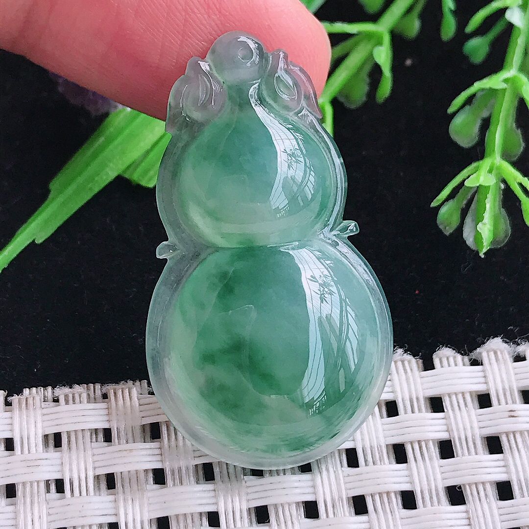 实拍A货翡翠36.6/21/6.2老坑冰透冰飘花葫芦吊坠翡翠玉牌挂件
