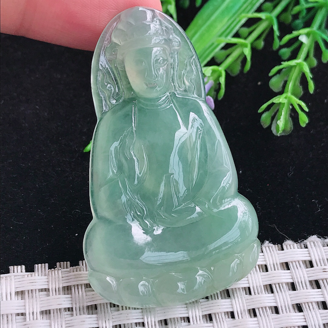 实拍A货翡翠53.6/33/5.5老坑冰种冰晴满绿素衣观音吊坠翡翠玉牌挂件